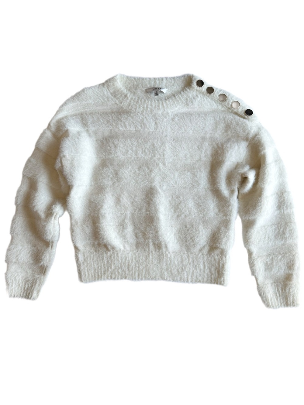MILLY Ivory Fuzzy Stripe Sweater Gold Shoulder Buttons Size P/XS